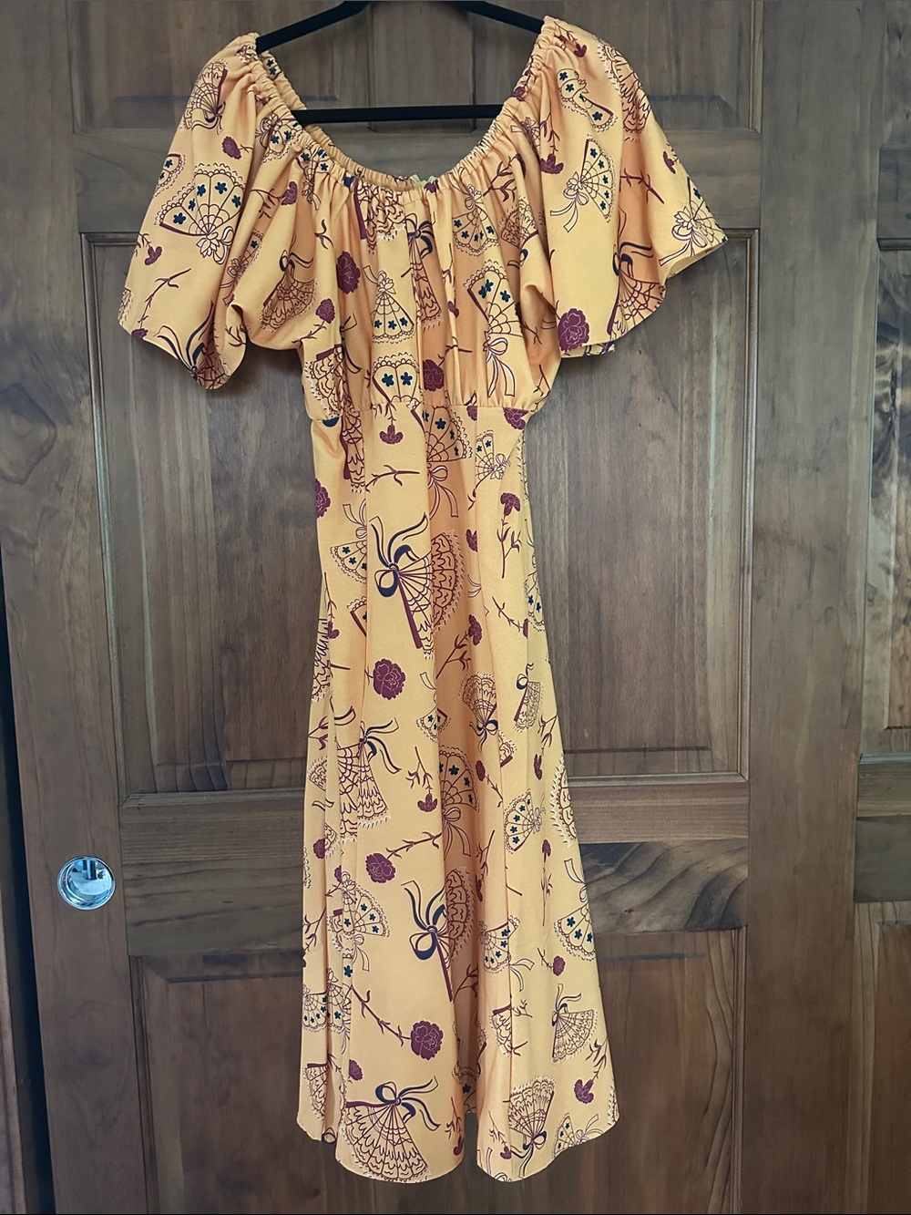 Sunny Yellow Off-Shoulder Midi Dress with Floral Print Spanish Fans
